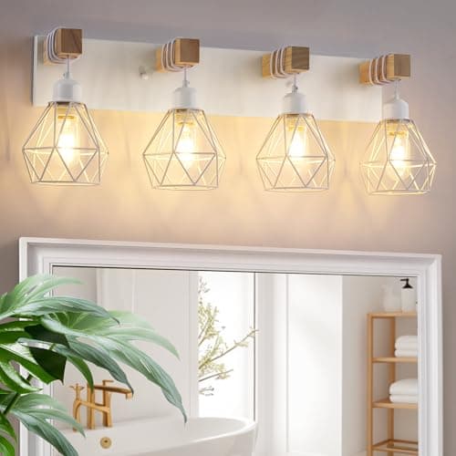 Rustic 3-Light Wood Bathroom Vanity Light with Elegant Metal Shade for Bathroom, Living Room, Hallway — White