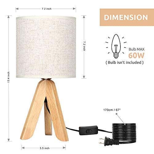 HAITRAL Wooden Tripod Nightstand Lamp with Fabric Shade - 13.4 Inches (Without Bulb)