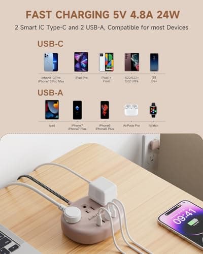 Surge Protected 1625W 5FT Brown Tan Extension Cord with 3AC 4USB