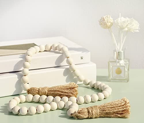 Meplait Natural Wood Bead Garland with Tassels, Boho Farmhouse Wall Hanging