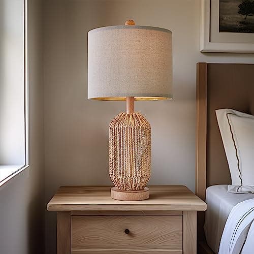 OYEARS 21" Boho Rattan Table Lamp for Living Room and Bedside, Brown, Retro Style