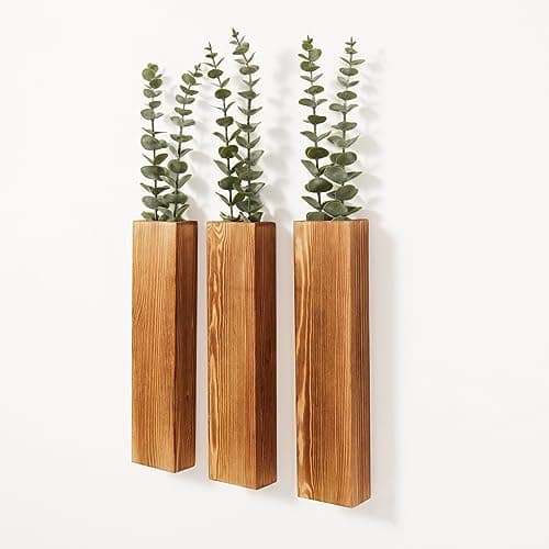 4-Pack Wood Wall Planters with Faux Eucalyptus - Modern Farmhouse Decor for Home Office and Living Room — Brown (3 Pack)