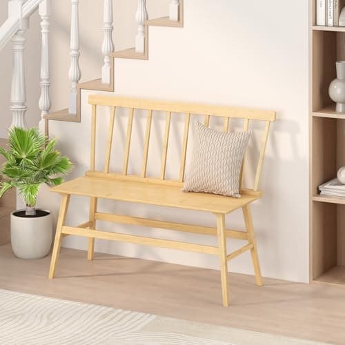 Farmhouse White Dining Bench with Spindle Back for Foyer Balcony — Nature