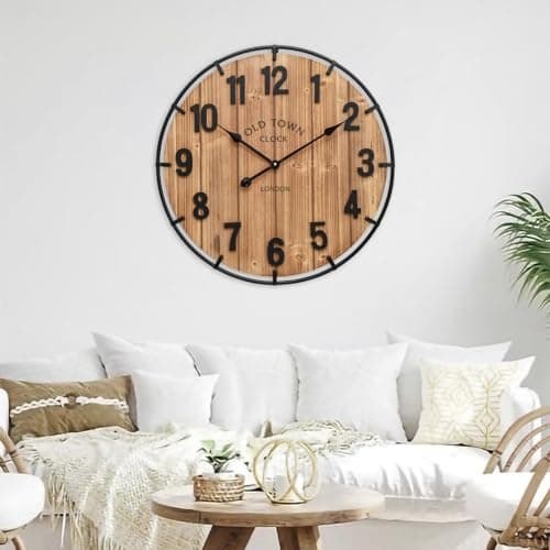 Rustic Antique Wood Wall Clock - Large 24 Inch Battery Operated Clock for Home and Office