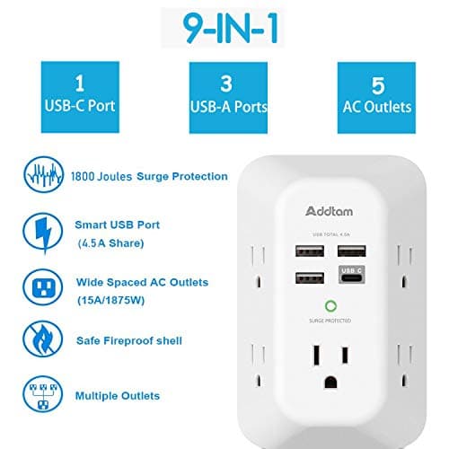 Addtam 1800J 3-Sided Power Strip with 5 Outlets & 4 USB Ports Surge Protector