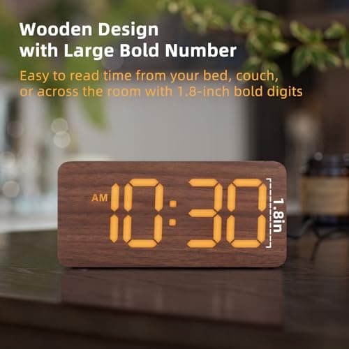 USCCE Wooden Digital Alarm Clock: Dimmable Dual Alarm with Large Numbers - Loud Alarm for Heavy Sleepers - Wood Decor