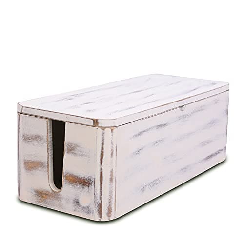 Acacia Wood Large Cable Management Box - Power Strip and Desk Cord Organizer — Rustic White