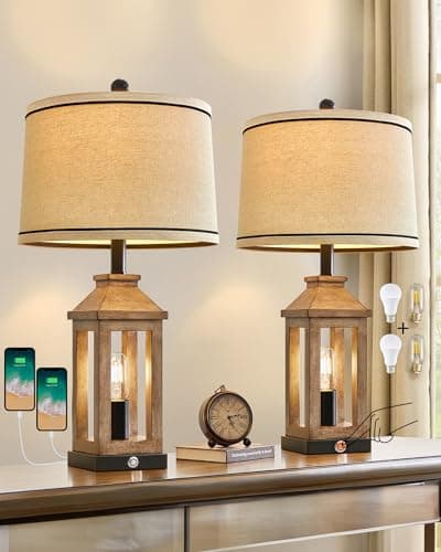 23.75" Vintage Modern Farmhouse Lamp with Touch Dimming & USB Ports for Living Room/Bedroom — Wood - Set of Two
