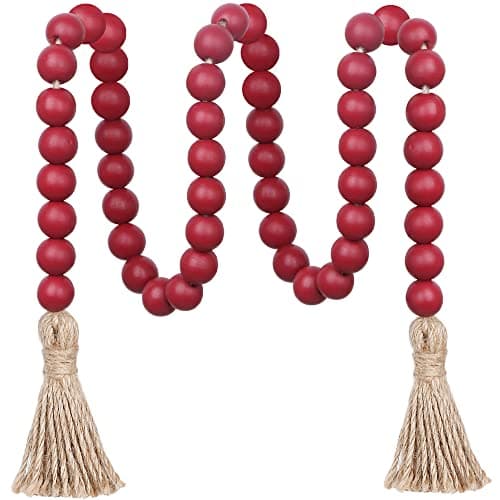 Meplait Natural Wood Bead Garland with Tassels, Boho Farmhouse Wall Hanging — Burgundy