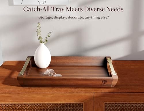 Acacia Wood Serving Tray with Metal Handles, 17x13in, Rustic Decorative Kitchen Gift