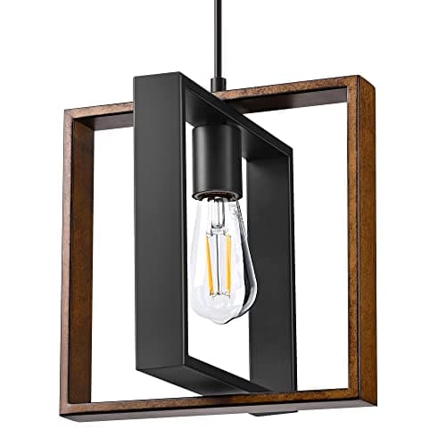 EDISHINE Farmhouse Pendant Light, Rustic Wood Grain & Black Finish, Adjustable Cord Kitchen Island Dining Room Hallway