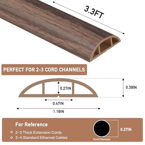 Smoked Brown Wood Floor Cord Cover 0.47"x0.27" (3.3Ft) Cable Hider