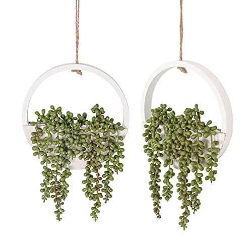 Floweroyal 2pcs Artificial Succulents Hanging Plants with 8.3'' Lanyard Pot Decor (Wood Color) — Type1-green-2pcs