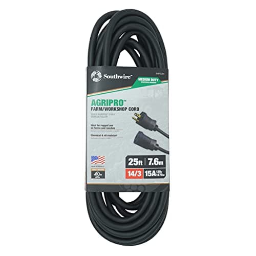 Woods AgriPro 25Ft 14 Gauge 3 Conductor SJTOW Tri-Tap Extension Cord — Black