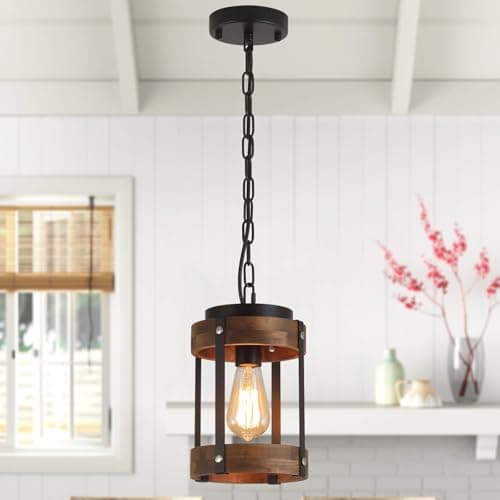 Rustic Oak Wood and Metal Pendant Light for Kitchen Island Sink Hallway, Black