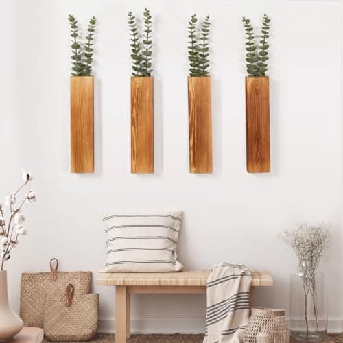 4-Pack Wood Wall Planters with Faux Eucalyptus - Modern Farmhouse Decor for Home Office and Living Room