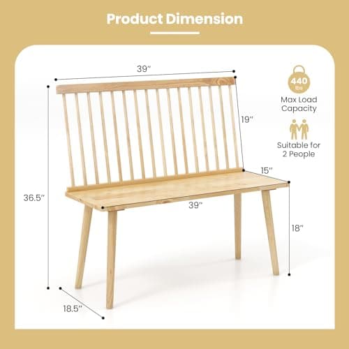 Giantex 2 Seater Windsor Bench with Spindle Back, Anti-Slip Feet, Natural Rubber Wood