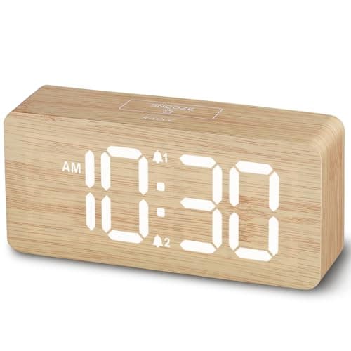 USCCE Wooden Digital Alarm Clock: Dimmable Dual Alarm with Large Numbers - Loud Alarm for Heavy Sleepers - Wood Decor — Bamboo - White Digits