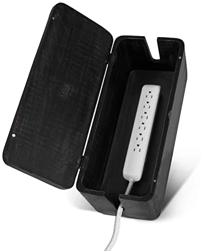 Acacia Wood Large Cable Management Box - Power Strip and Desk Cord Organizer — Rustic Black
