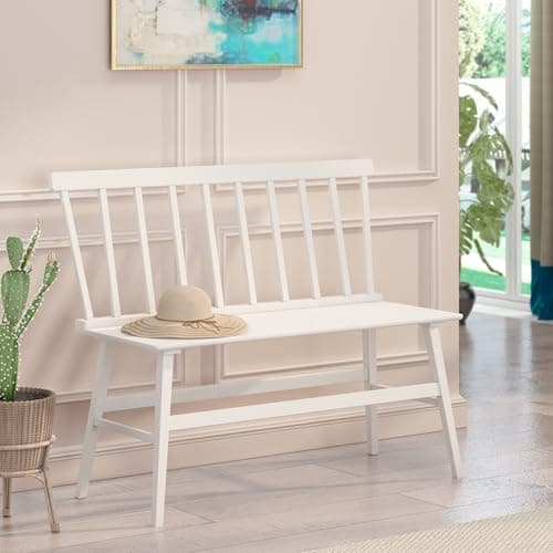 Farmhouse White Dining Bench with Spindle Back for Foyer Balcony