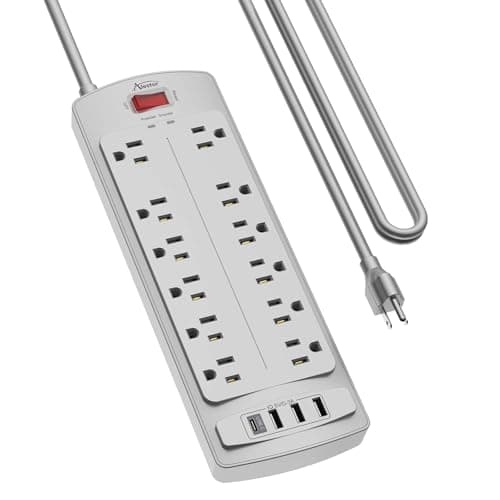 ALESTOR 12-Outlet Surge Protector with 4 USB Ports, 6 Feet Black Extension Cord — Grey