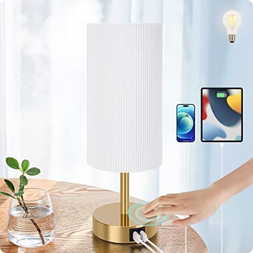 Yarra-Decor Touch-Control Bedside Table Lamp with USB, 3-Way Dimmable, Round Fabric Shade — Pleated
