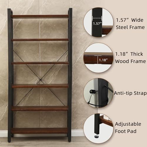 Refined Natural Wood Bookcase for Office, Living Room, and Bedroom (6 Tiers)