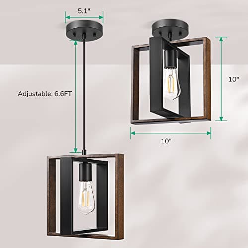 EDISHINE Farmhouse Pendant Light, Rustic Wood Grain & Black Finish, Adjustable Cord Kitchen Island Dining Room Hallway