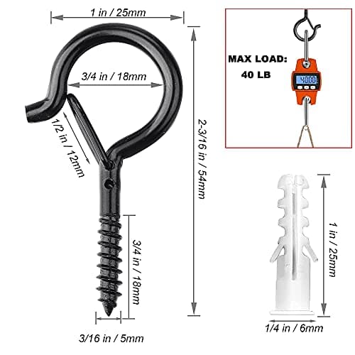 PlusRoc 20 Pack Heavy Duty Black Eye Hooks for String Lights and More