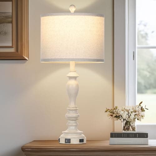 27" Rustic Farmhouse Dimmable Touch Table Lamp Set of 2 with USB Ports — Single-Beige-27.5"-Rocker Switch