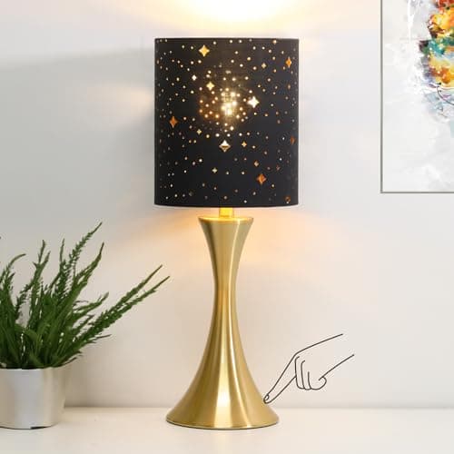 3 Way Dimmable Touch Control Wood Grain Farmhouse Bedside Lamp — Gold Base with Stars Shade
