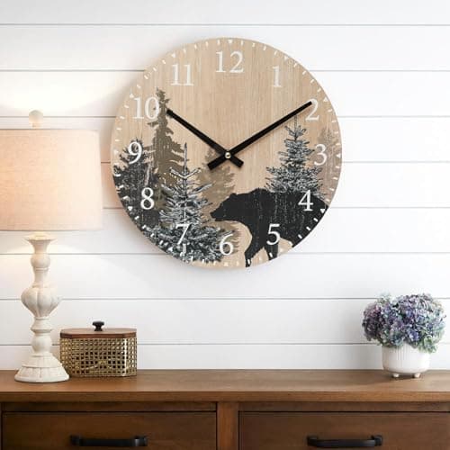 Cabin Bear 12 Inch Silent Wood Wall Clock