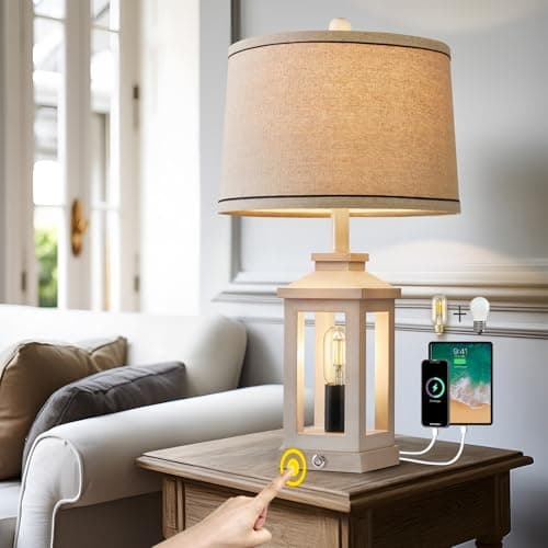 23.75" Vintage Modern Farmhouse Lamp with Touch Dimming & USB Ports for Living Room/Bedroom — White