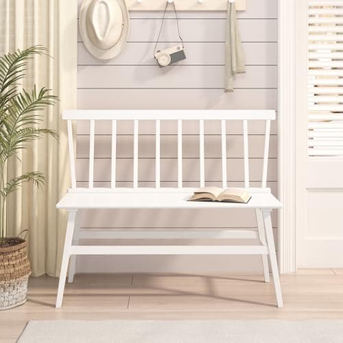 Farmhouse White Dining Bench with Spindle Back for Foyer Balcony