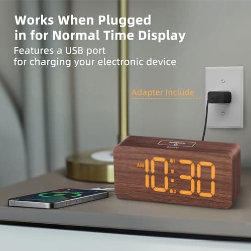 USCCE Wooden Digital Alarm Clock: Dimmable Dual Alarm with Large Numbers - Loud Alarm for Heavy Sleepers - Wood Decor