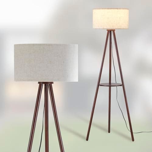 Brown Wooden Floor Lamp with 3 Color Temperature LED, Footswitch, ETL Listed — FSC Dark Brown Wood and Linen Shade