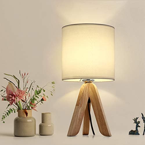 HAITRAL Wooden Tripod Nightstand Lamp with Fabric Shade - 13.4 Inches (Without Bulb) — White