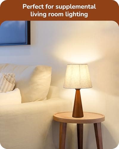 EDISHINE 13.58" Small Table Lamp, Beige Linen Shade, Dark Rosewood Base, Nursery Bedroom Lamp