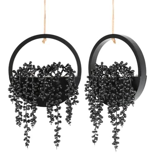 Floweroyal 2pcs Artificial Succulents Hanging Plants with 8.3'' Lanyard Pot Decor (Wood Color) — Type1-all Black-2pcs