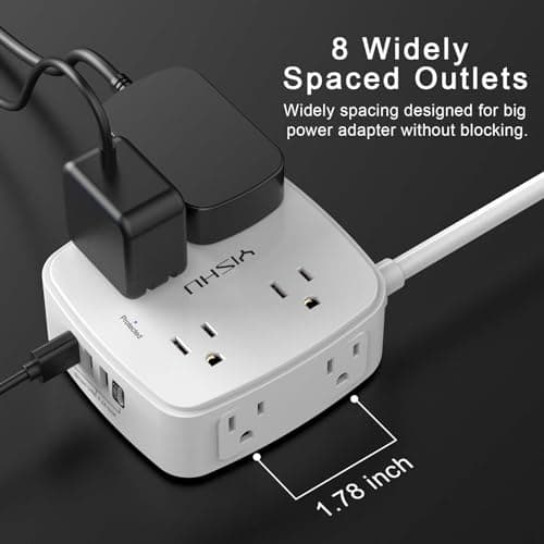 6 Ft Wall-Mount Surge Protector with 8 Outlets & 4 USB Ports, Extender Included, ETL Listed, White