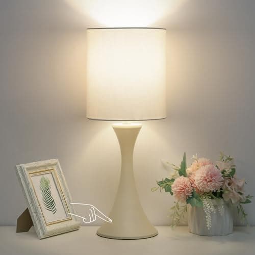 3 Way Dimmable Touch Control Wood Grain Farmhouse Bedside Lamp — Cream Base with Beige Shade