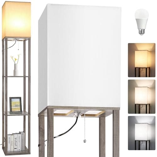Rustic Wood Corner Floor Lamp with Shelves for Living Room and Bedroom Home Decor