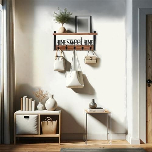 Rustic Wall Mounted Coat Rack with Hooks and Shelf