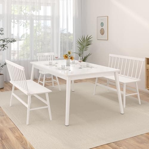 Farmhouse White Dining Bench with Spindle Back for Foyer Balcony