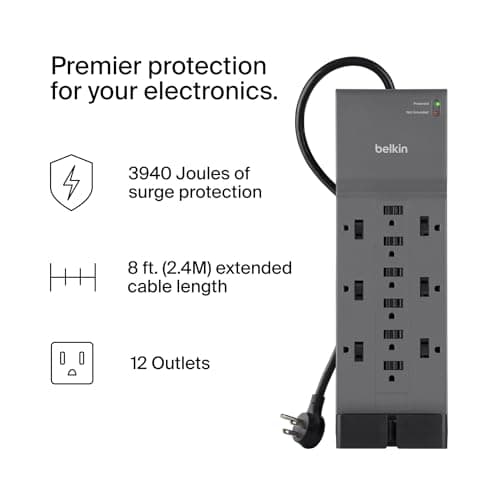 Belkin 12-Outlet Surge Protector Power Strip, 8ft Cord, 3,940 Joules Protection