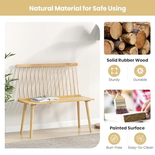 Giantex 2 Seater Windsor Bench with Spindle Back, Anti-Slip Feet, Natural Rubber Wood