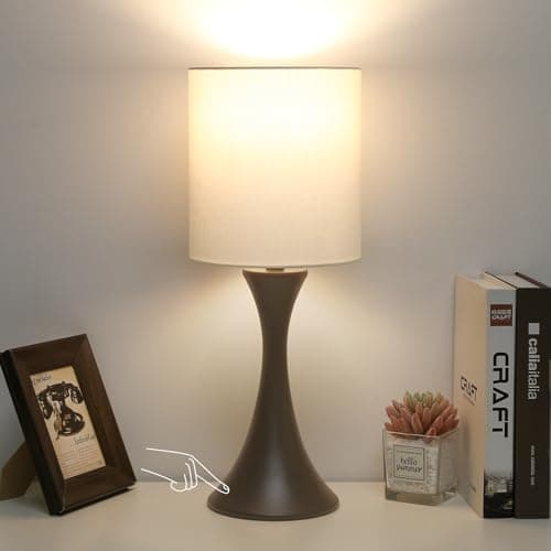 3 Way Dimmable Touch Control Wood Grain Farmhouse Bedside Lamp — Brown Base with Beige Shade
