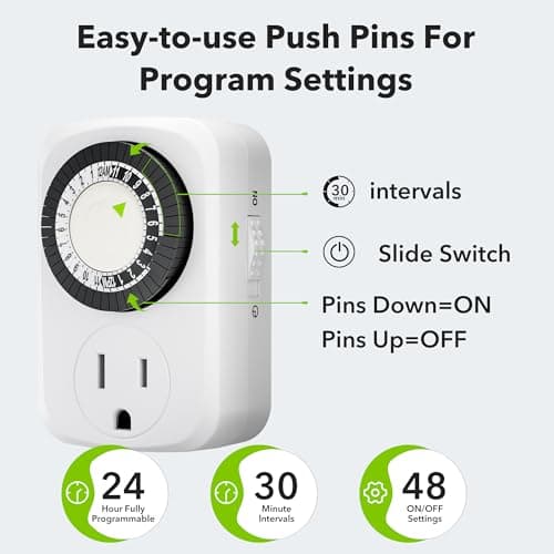 HBN Indoor 24-Hour Mechanical Timer, 30 Min Intervals, 3-Prong, 2-Pack, ETL Listed