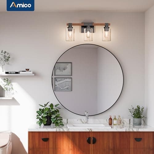 Amico Rustic Wood 3-Light Farmhouse Vanity Light with Black Sconces and Bubble Glass Shade
