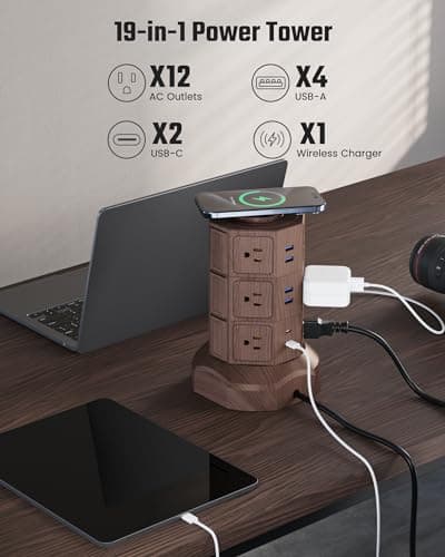 Power Strip Tower with Wireless Charger for Home Office